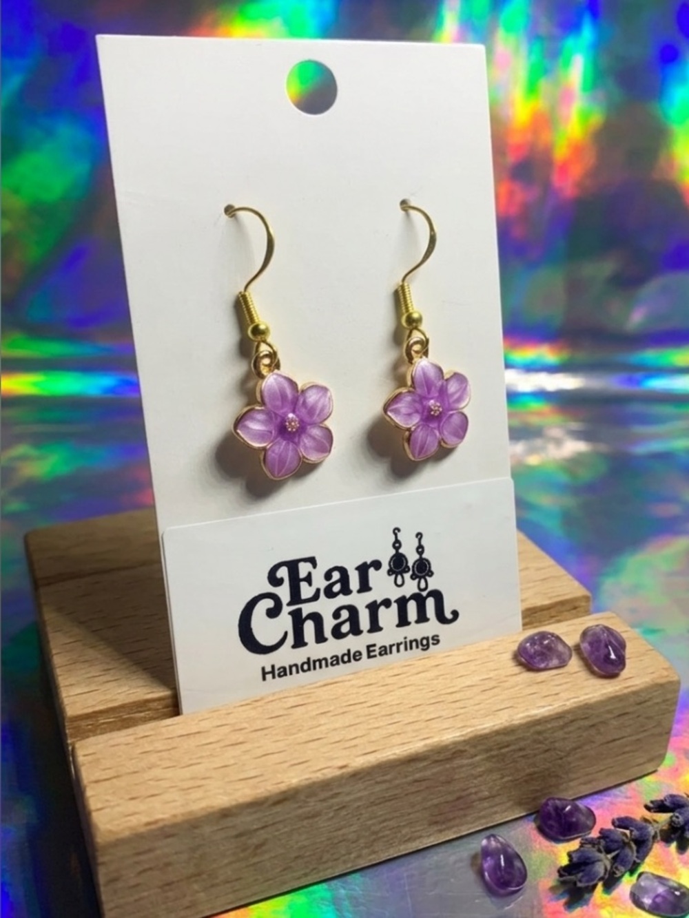 New Purple Gold Flower Dangle Earrings